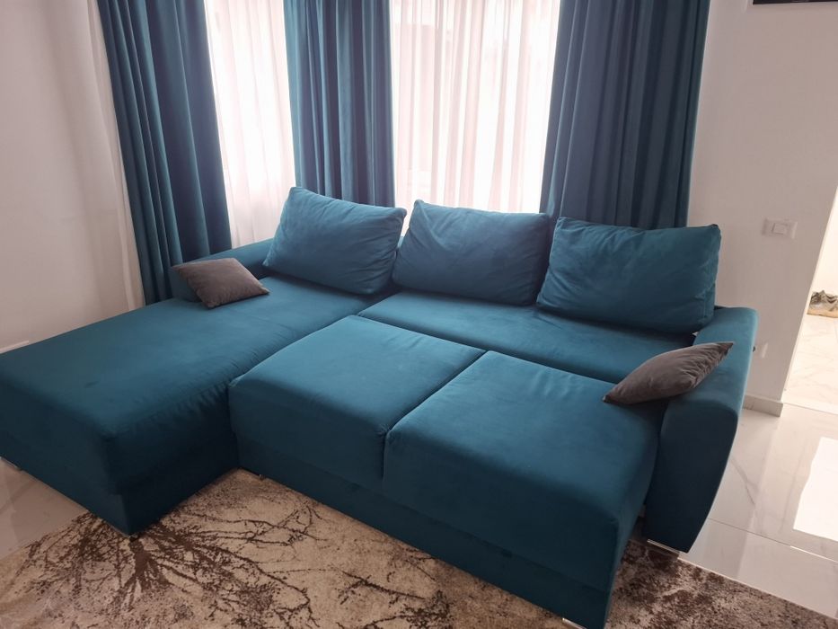 : Colțar living modern, extensibil, cu ladă depozitare, catifea turcoaz, 270x200 cm