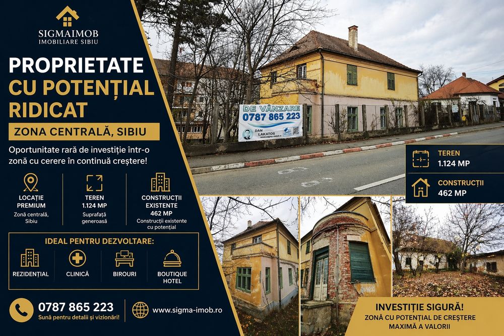 Proprietate cu teren generos în zona Centrală Sibiu – 1.124 mp teren | 462 mp construiți | Potențial investițional