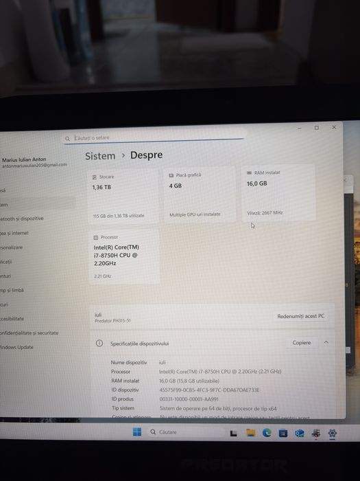Laptop Gaming Acer Predator Helios i7 8750H GTX 1050 Ti