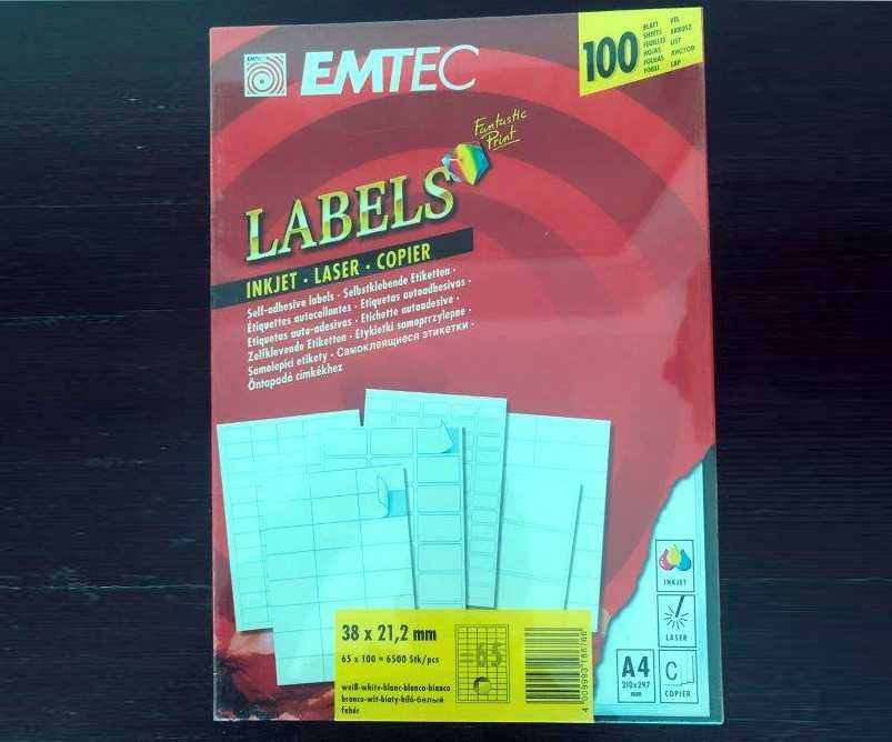 Etichete autocolante albe, colt drept, 65 / coala, 370 coli A4, EMTEC