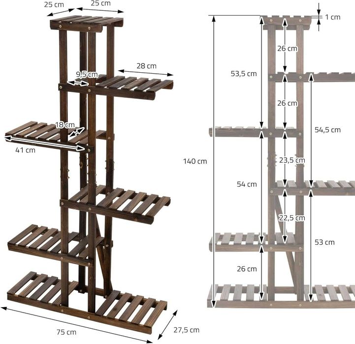 Дървена рафт за цветя кафяво 6 нива, за цветя, Поставка за саксии н138