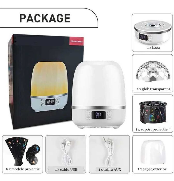 Lampa de veche proiector 360°, boxa portabila, bluetooh,ceas,alarma