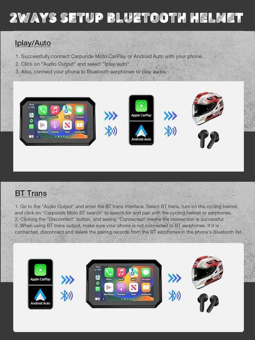Мотоциклетен 5" IPS сензорен екран с безжичен CarPlay и Android Auto
