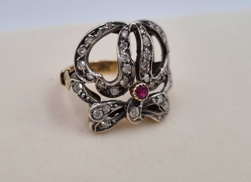 Splendid inel vechi art nouveau aur 18 k, diamante si rubin naturale
