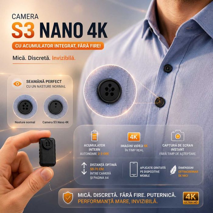 Casca de copiat - Casti de copiat iCheat S3 Nano 4K cu Autonomie 3 Ore, Mini Camera in Nasture, Imagine Clara, Mini Nou Model 2026