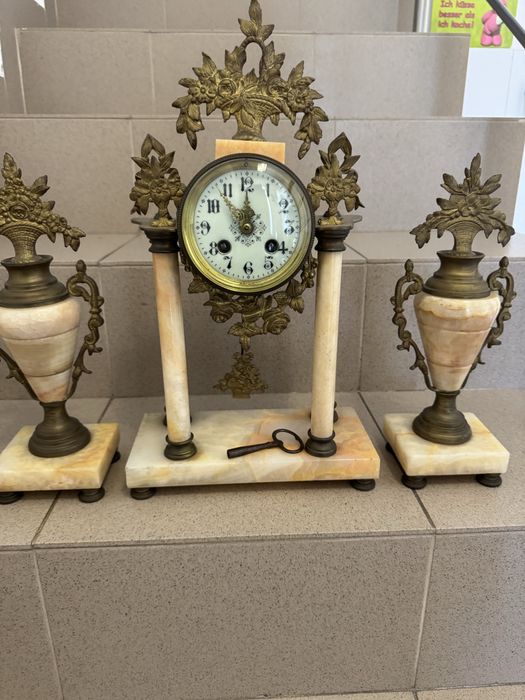 Ceas Pendul//Semineu//Marmura Roz//Bronz//3 Piese