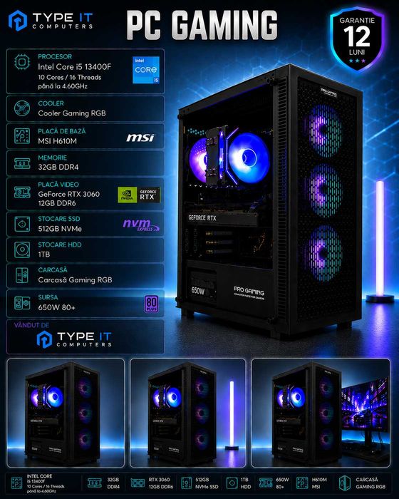 Calculator Gaming I5 13400F, 32GB DDR4, RTX 3060 12GB DDR6, 512 Ssd