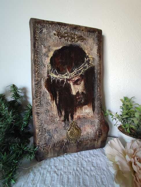 Icoană rustică pe lemn masiv– Isus cu coroană de spini