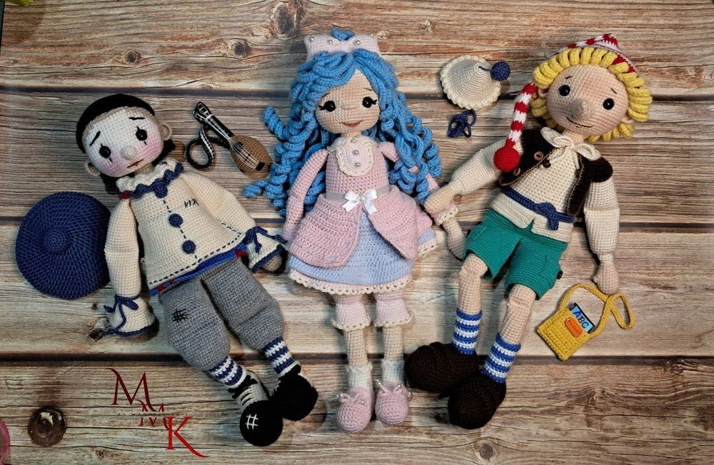 Вязаный набор Буратино, Мальвина и Пьеро