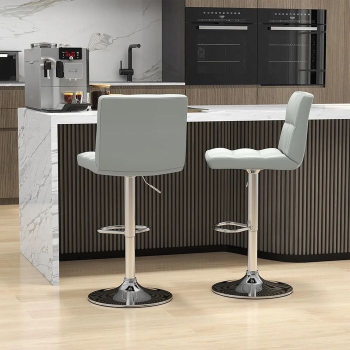 Бар столове, 2 броя, сиви/бели еко кожа, хромирани крака