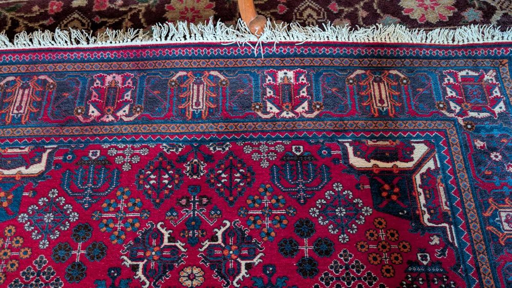 Covor iranian lucrat manual rosu burgund si indigo