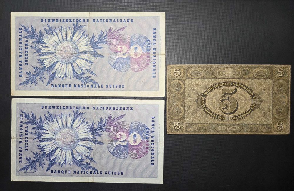 Bancnote elvețiene de 5 și 20 de franci de vânzare. Set de 3.
