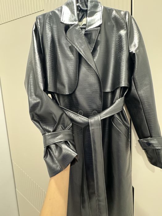 Кожаный длинный тренч плащ