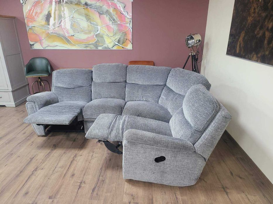 Сив ъглов диван от плат с ръчен релаксиращ механизъм