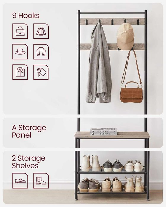 Cuier multifunctional 70x32x175 cm, cu 9 carlige,