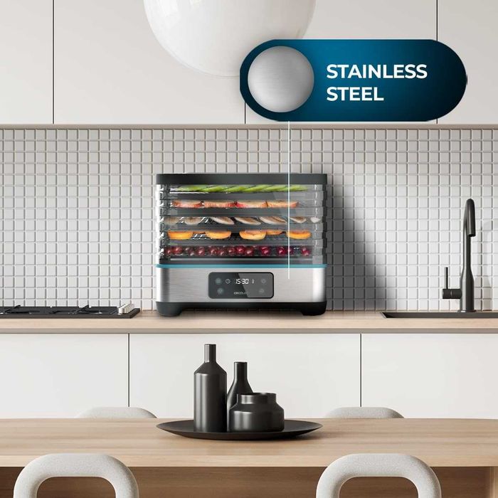 Дехидратор с 5 тави Cecotec VitaDry Pro 04949, Регулируема височина, Дигитален екран, Таймер, 35-70°C, Сребрист/Черен, лек ДЕФЕКТ!