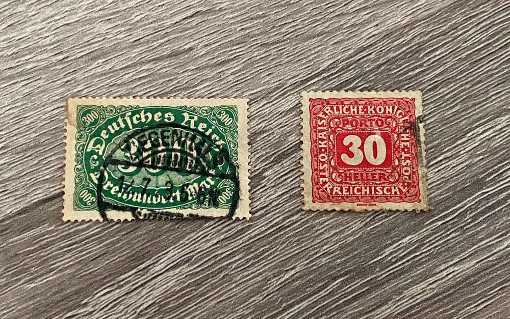 Colecție de două timbre vechi Germania 1920 și Austria 1916