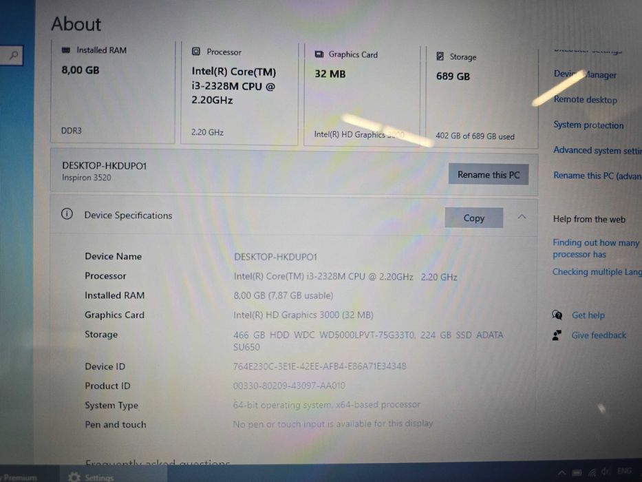 Лаптоп Dell Inspiron 3520, Intel i3-2328, 8GB RAM, SSD, Windows 10