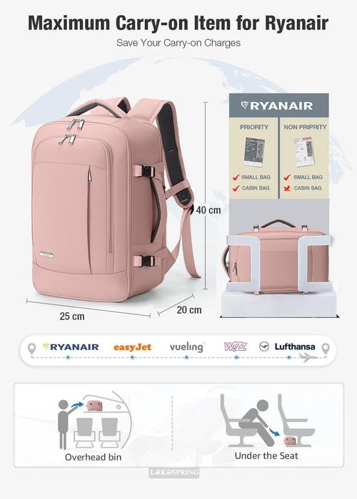 Rucsac Cabină 40x20x25 cm Ryanair + 6 Organizatoare Bagaj – Roz
