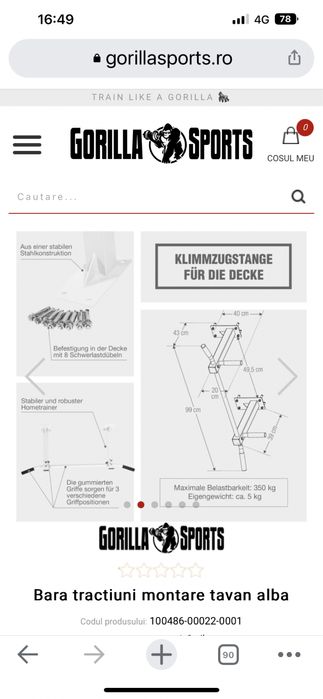 Bara tractiuni montare tavan alba made in Germany rezista 200 kg noua