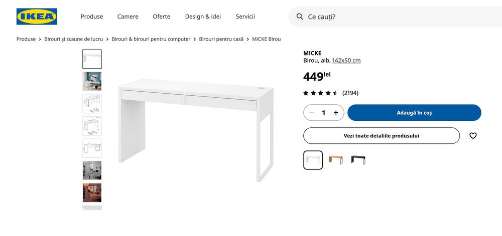 Birou Alb Ikea Micke 142x50cm, birou munca de acasa