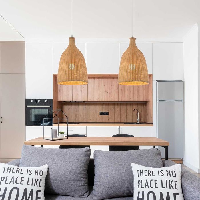 LOFOB Бохо ръчно изработена лампа от естествен плетен ратан