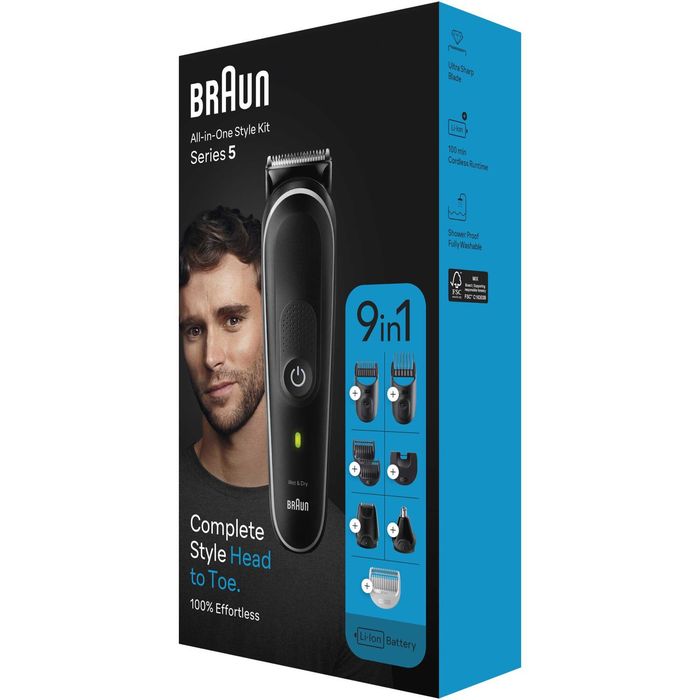 Aparat de tuns multifunctional Braun MGK5420, Wet&Dry, 9-in-1, 2 piepteni ficsi, 4 piepteni, 1 mini aparat de ras, autonomie 100 minute, Saculet