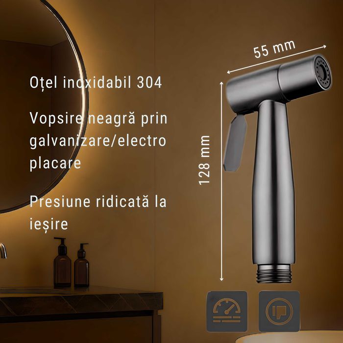 Set Dus Igienic Gri Antracit pentru WC/Bideu – Robinet Dublu Cald/Rece