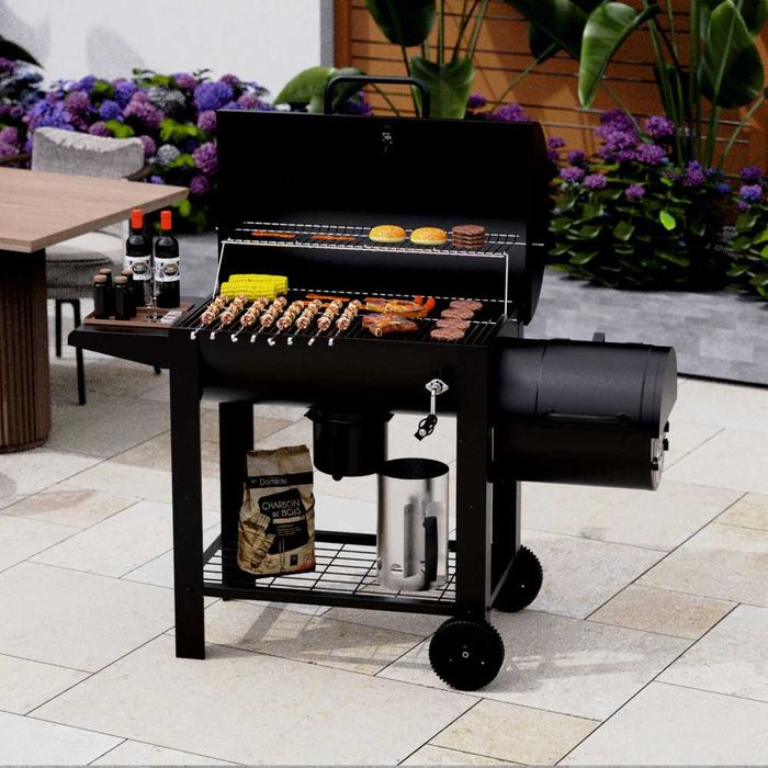 Gratar cu afumatoare din otel, capac si roti deplasare 66x42 cm