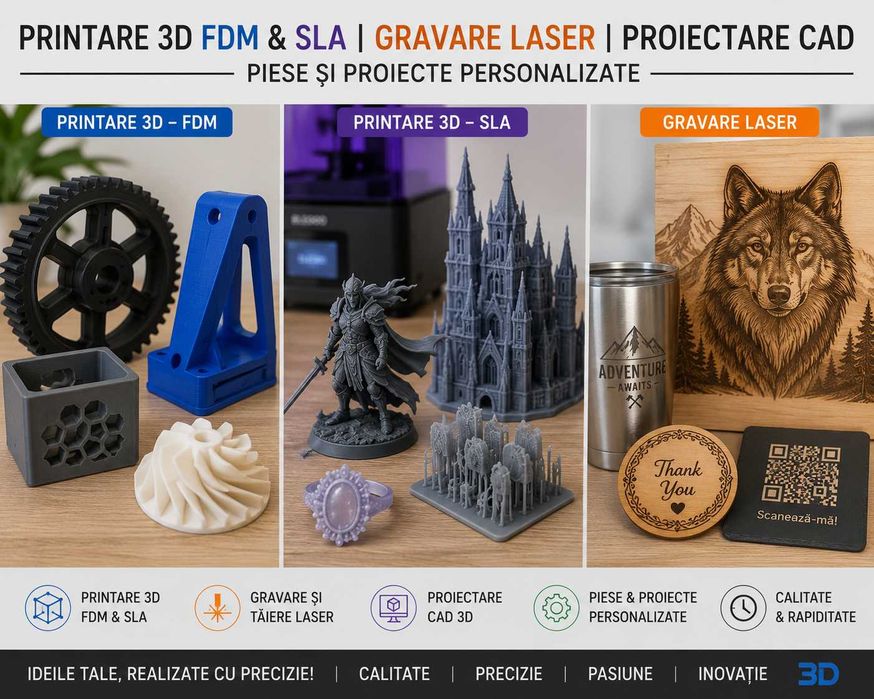 Printare 3D FDM & SLA | Gravare Laser | Proiectare CAD | Piese și obiecte personalizate