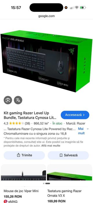 Kit gaming Razer Level Up Bundle, Tastatura Cynosa Lite, Mouse Viper Mini