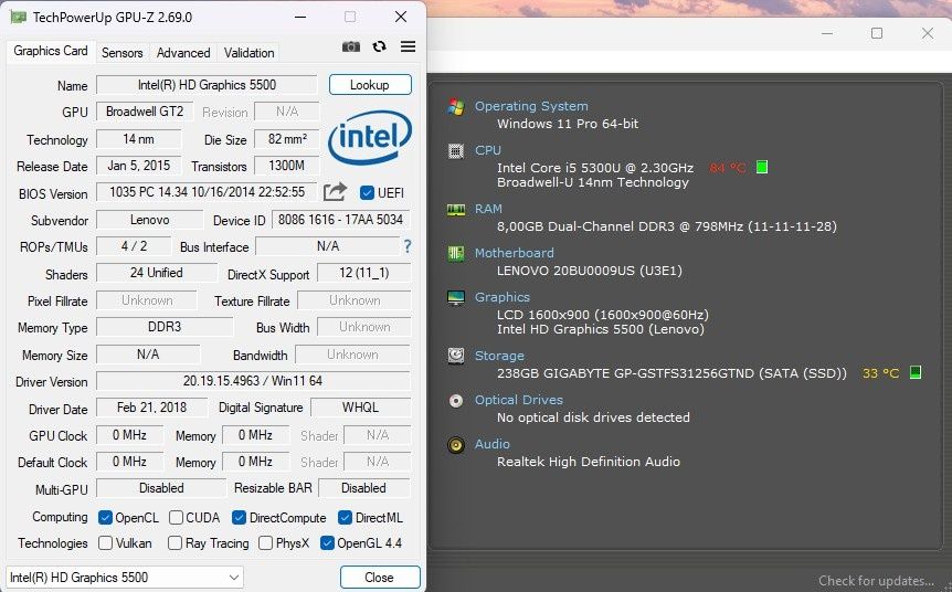 Lenovo Lenovo T450 i5 5300U 2,3Ghz, 8GB 250GB, Intel HD 5500, Win11