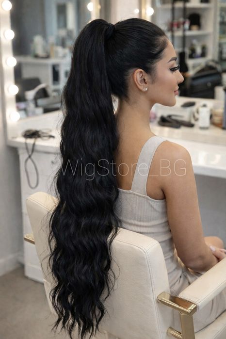 82см черна опашка на къдрици с щипка