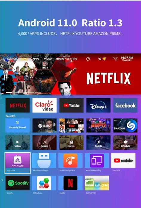 К1 Видео проектор,Max 4K,Android 11,авто фокус,WiFi6,BT5,батерия,лампа