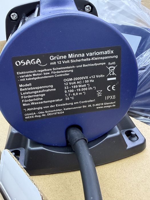 Pompă NOUĂ OSAGA OHE-20000 VarioMaxX 12V, 20.000 l/h, debit reglabil, controller inclus, pentru iaz și cascadă