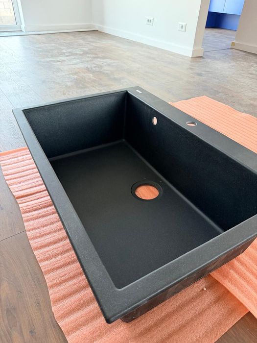 Chiuveta bucatarie granit Neagra + accesorii montaj, 838x559x250 mm