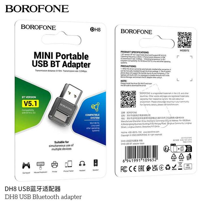 Borofone DH8 Adapter Usb to Bluetooth v5.1 multi-device speed 3.0 Mbps