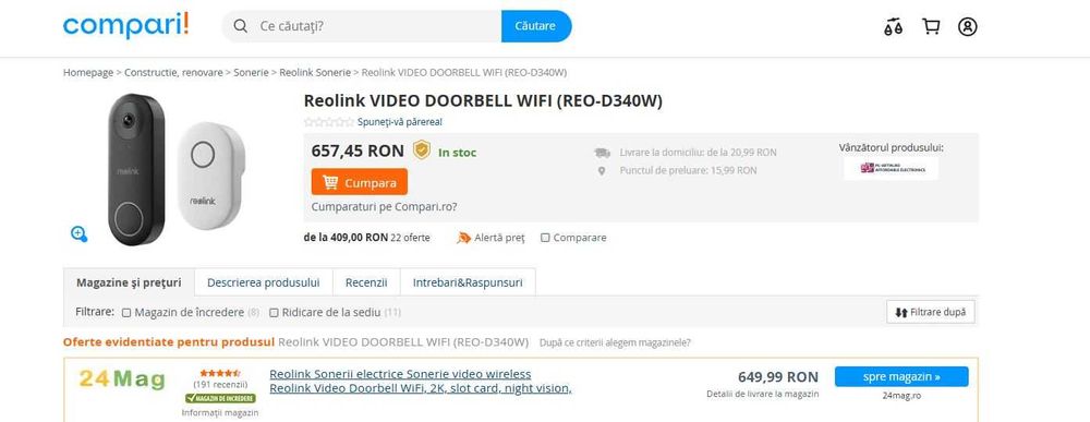 Sonerie video wireless Reolink Video Doorbell WiFi D340W, 2K