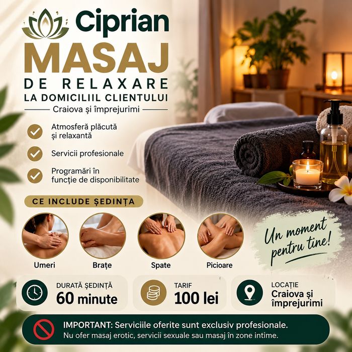 Masaj de relaxare la domiciliul clientului.