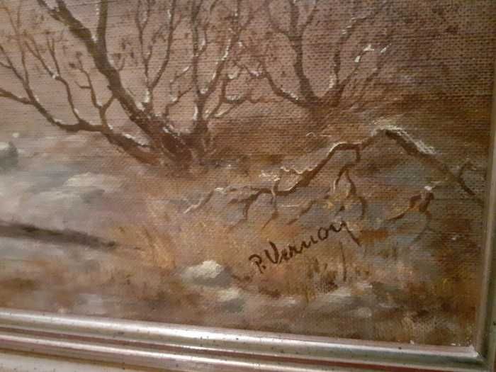 Superbă pictură in ulei pe panză-Peisaj de iarnă-personaje-Olanda