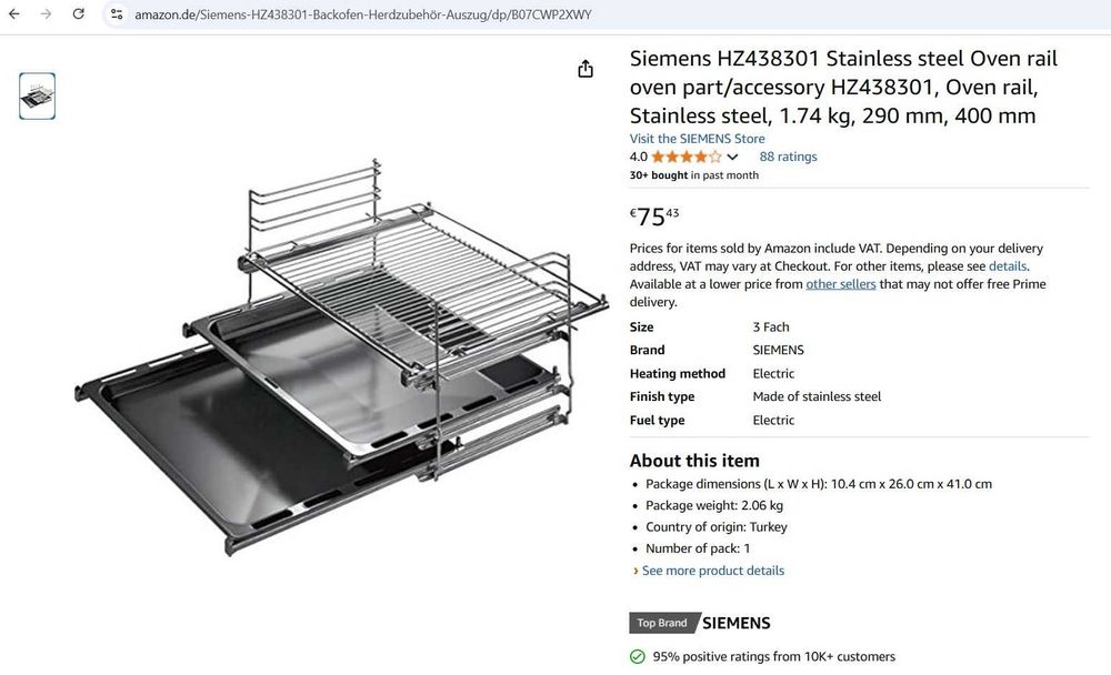 Șină pentru cuptor Siemens HZ438301 Oțel inoxidabil, 90 mm, 400 mm