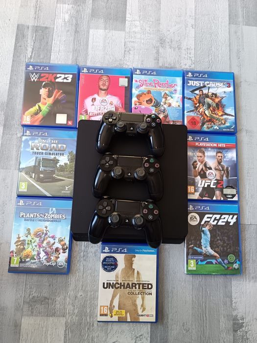 PS4 Slim + 9 игри + 3 оригинални джойстика – Пълен комплект!