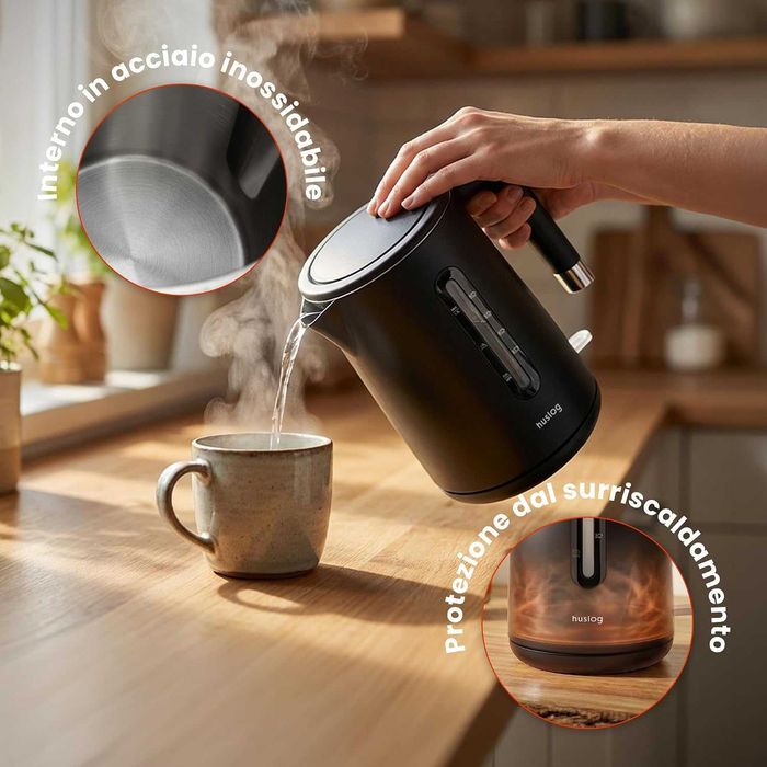 Електрическа кана 1.5L, 2200W, двойна стена Cool-Touch 304 неръждаема стомана без BPA с индикатор за нивото на водата, 360° основа, защита от сухота