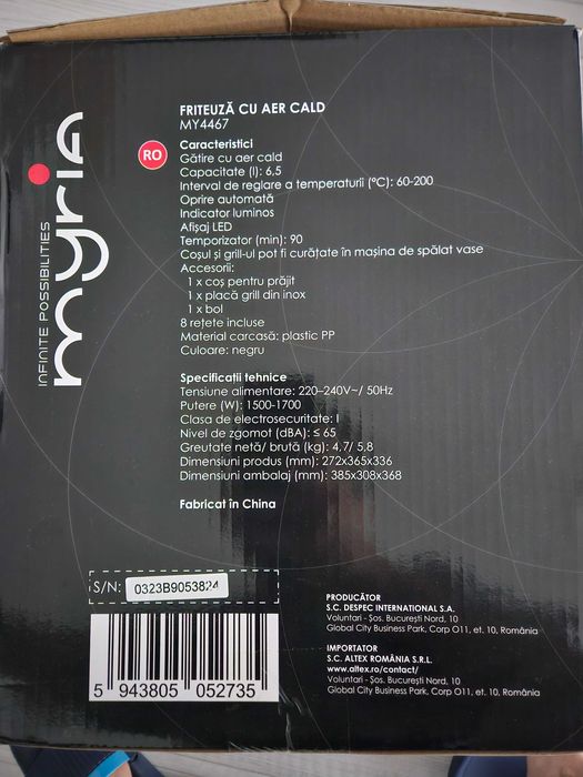 Friteuza cu aer cald MYRIA MY4467, 6,5l, 1700W, negru