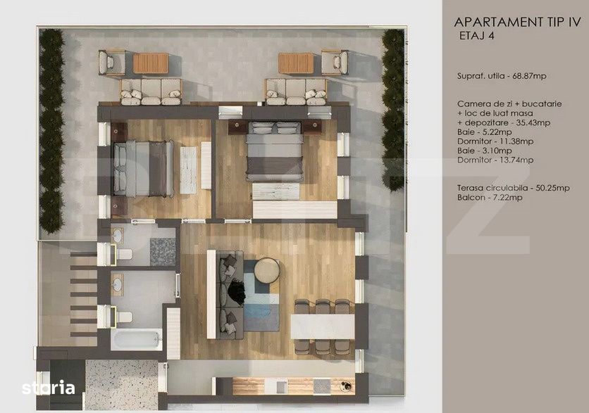 Apartament 3 camere, finisaje premium , terasa 50 mp, Tractorul