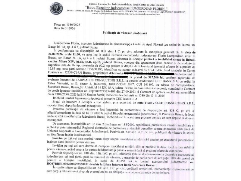 Apartament 2 camere, etaj 4, Buzău _ Licitatie 24 02 2026