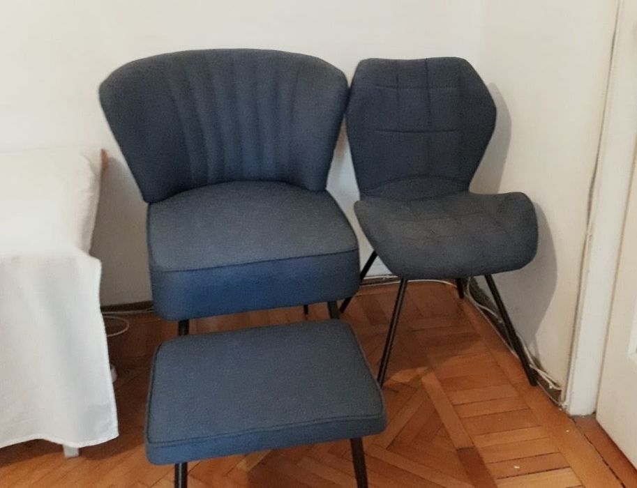 Set Mobilier Living / Relaxare – 4 Piese Albastre (Fotolii, Scaun, Taburet/Otoman)
