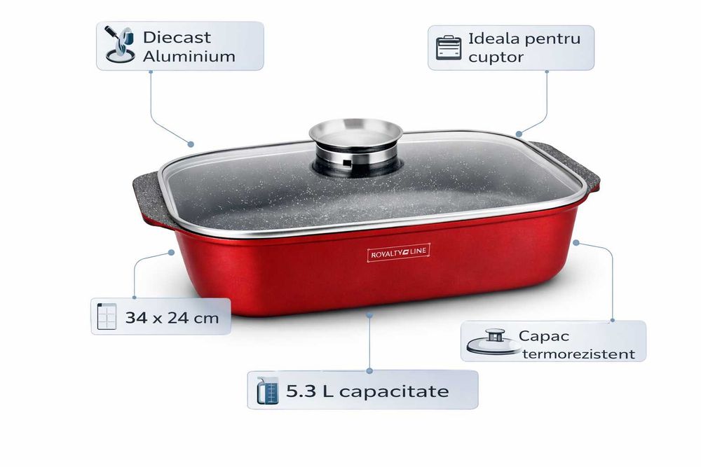 Tava cuptor Royalty Line 34 x 24 cm cu capac sticla 5.3 L