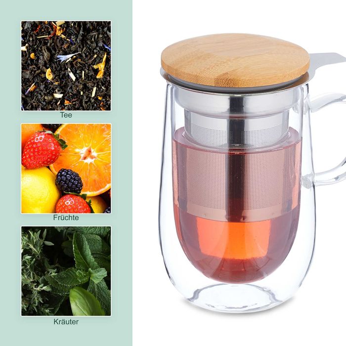 Cana din Sticla cu Infuzor si Capac din Bambus 430 ml cu Perete Dublu