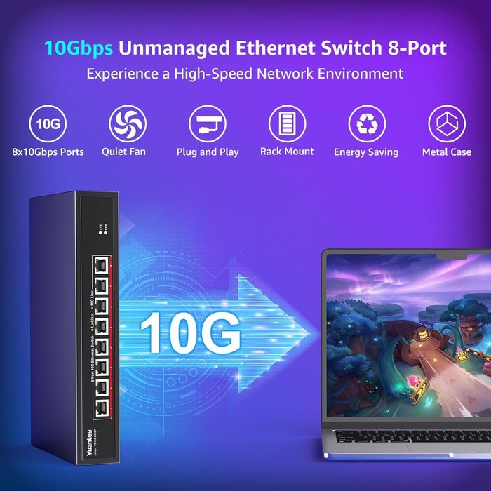 Yuanley 8 порта х 10G RJ45 Ethernet суич, неуправляем комутатор